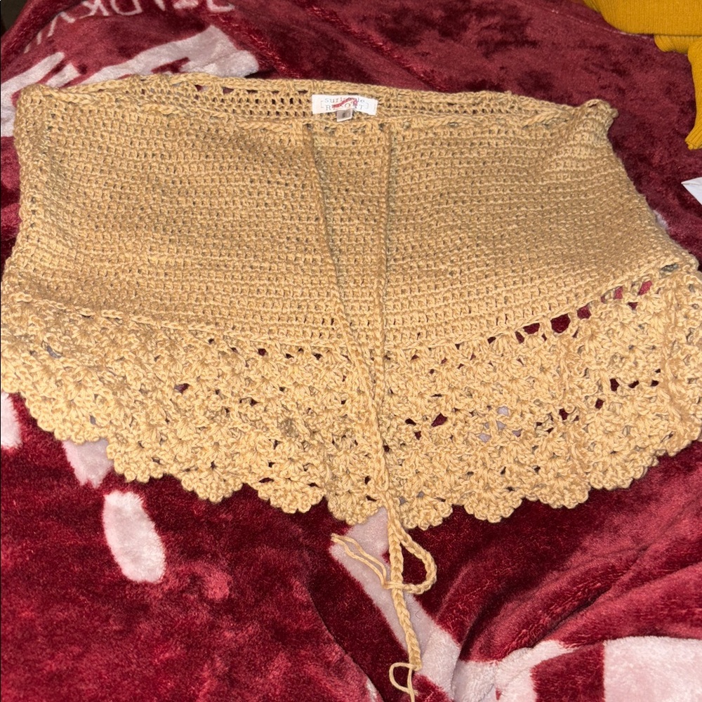 Crochet Tan Shawl with Lace Trim